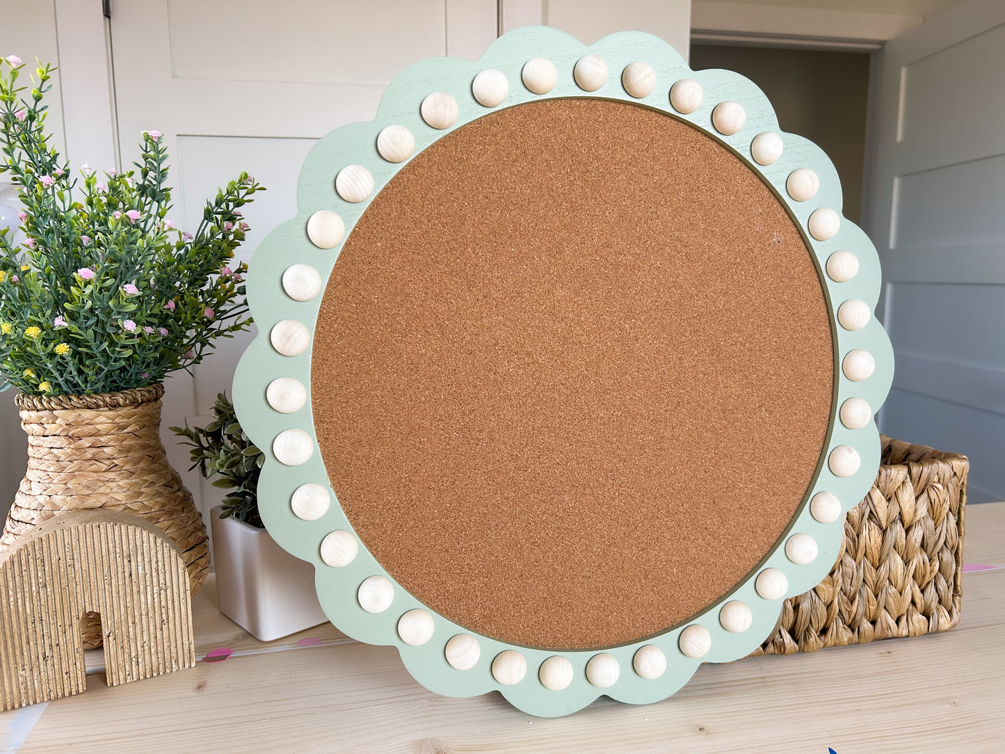 Custom - Light Green Circle Cork Board w/ hand beaded trim