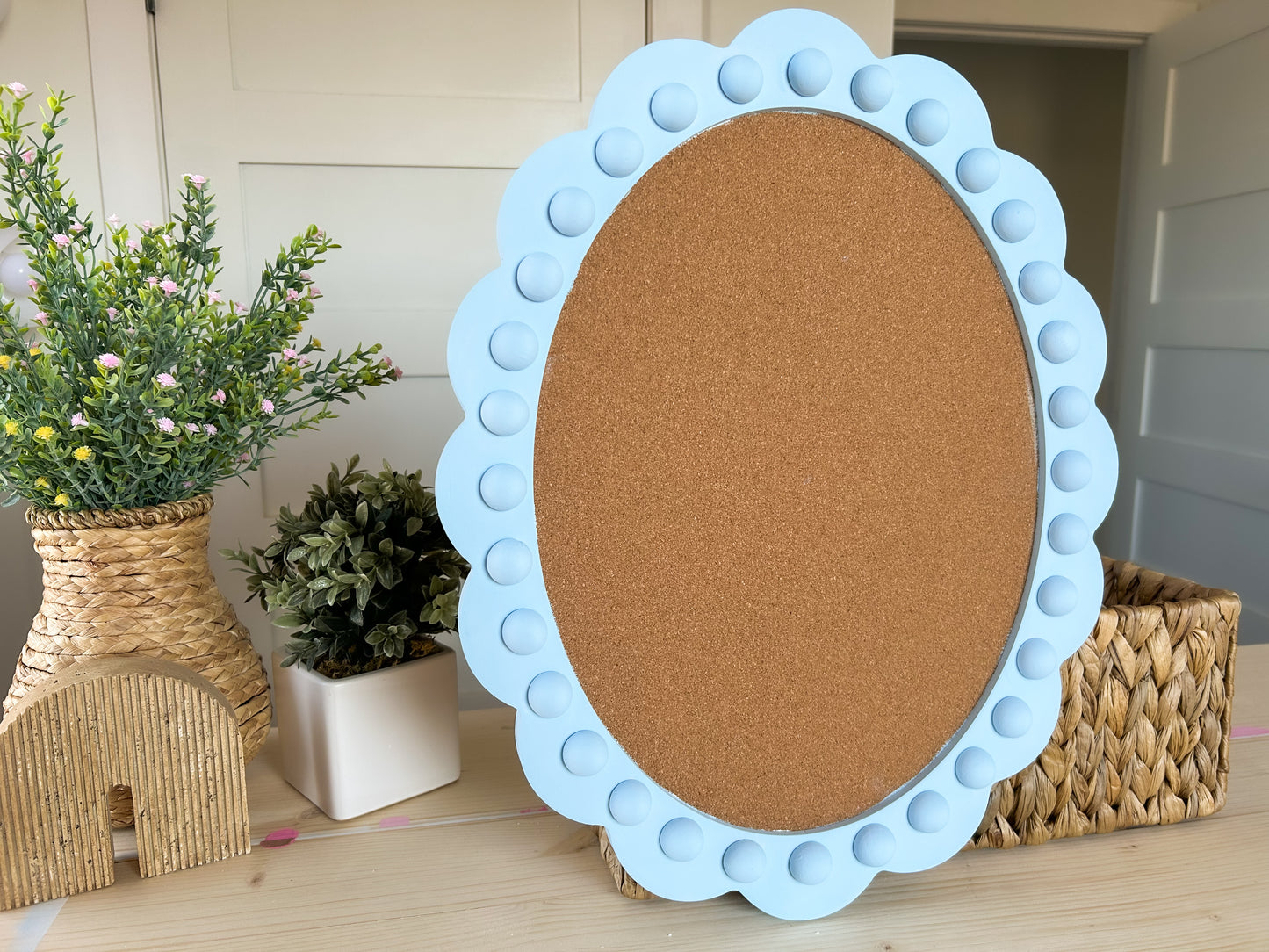 Custom - Light Blue Oval Cork Board w/ hand beaded trim